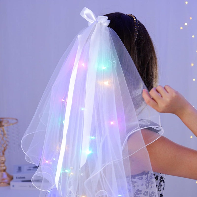 Foyte Light Up Wedding Bridal Veil 2 Tiers Bride Pearl Veils LED Bachelorette Bridal Hair Bow Short Tulle Hair Accessories - Image 3